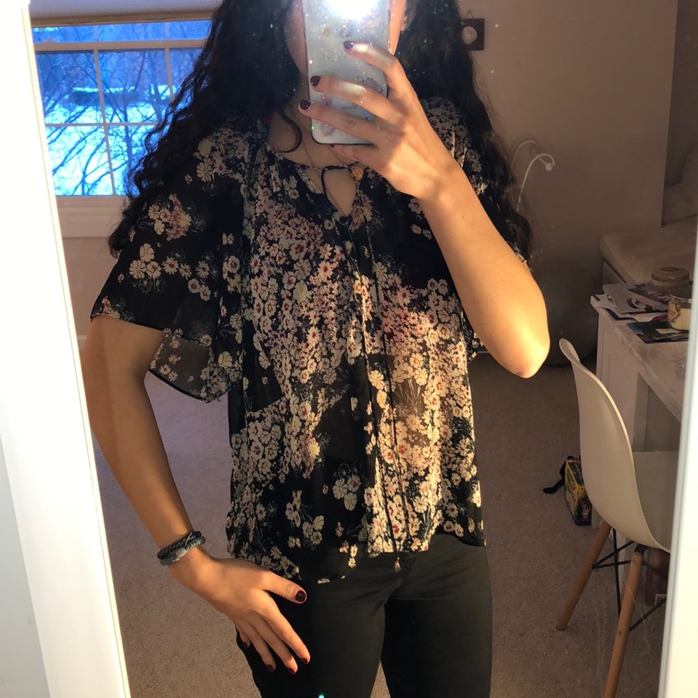 sheer flower print black shirt